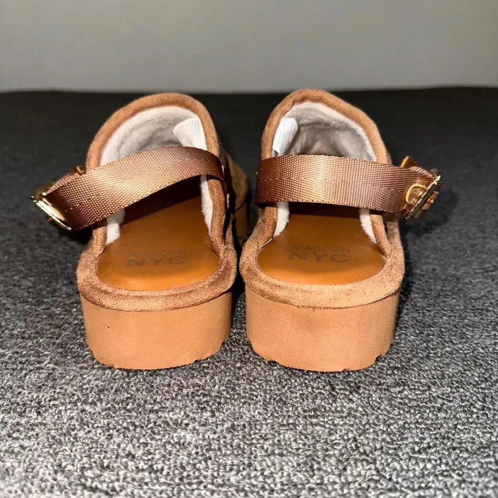 Madden NYC Platform Clogs Girl 3 Brown Suede Faux Shearling Lining Buckle Strap